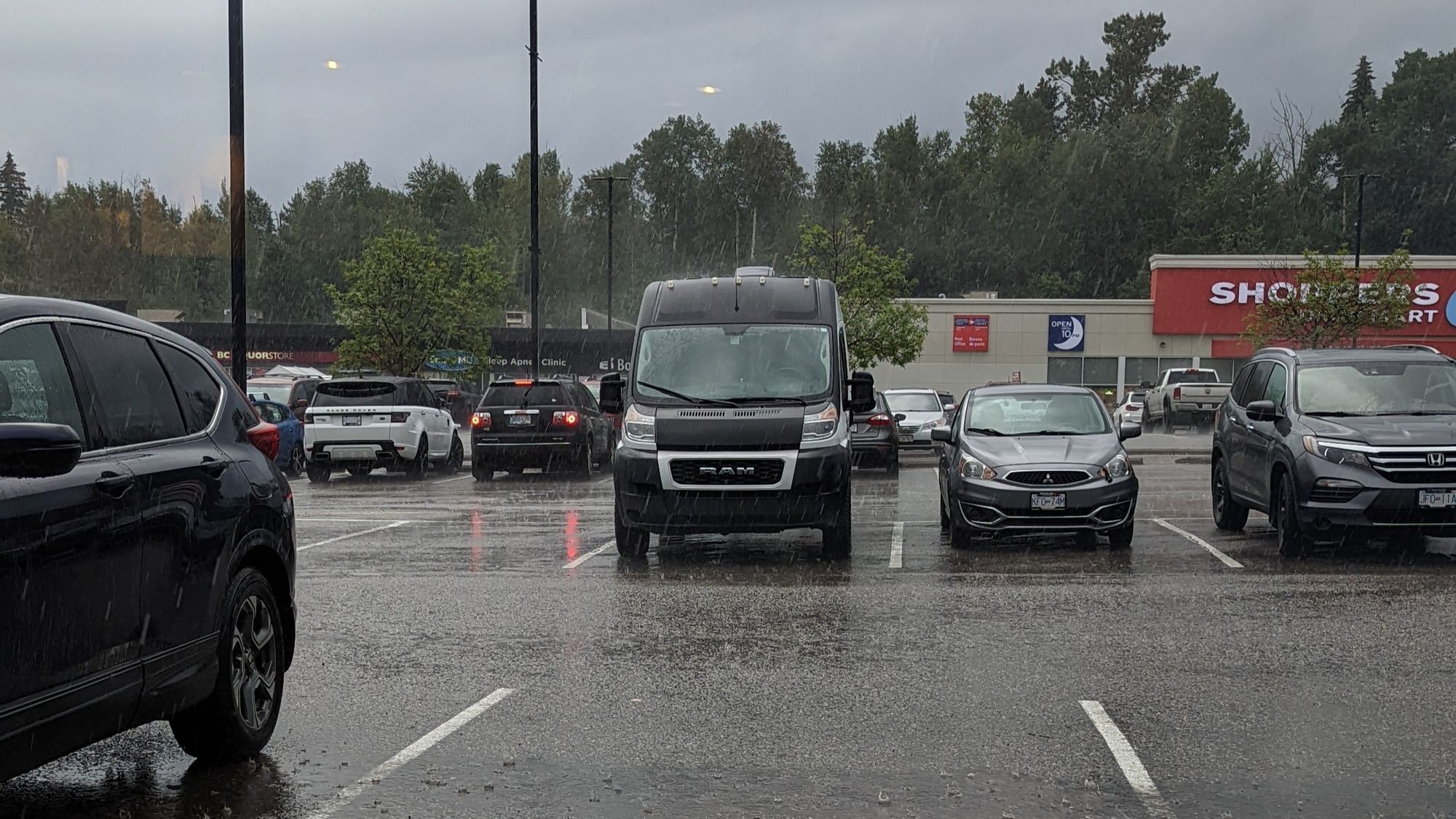 Parking lots on rainy days.