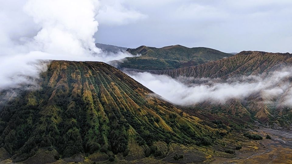 Volcano hike in cloudy weather